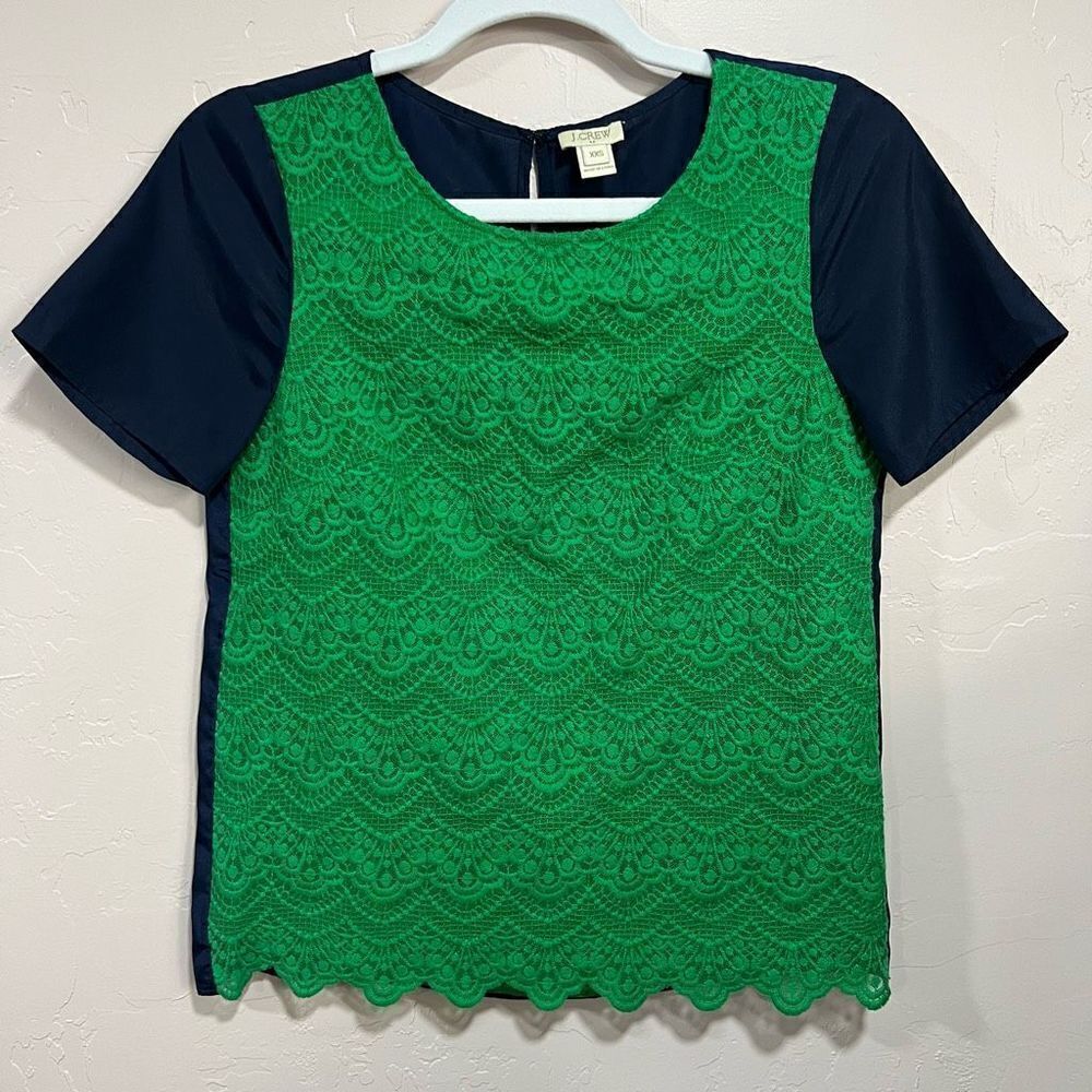 J. Crew Sz Xxs Kelly Green And Navy Color Block Lace Shirt